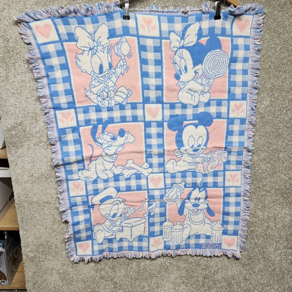 Avon 1994 Disney Babies Throw Blanket‎ Mickey Minnie Mouse Pink Blue Woven